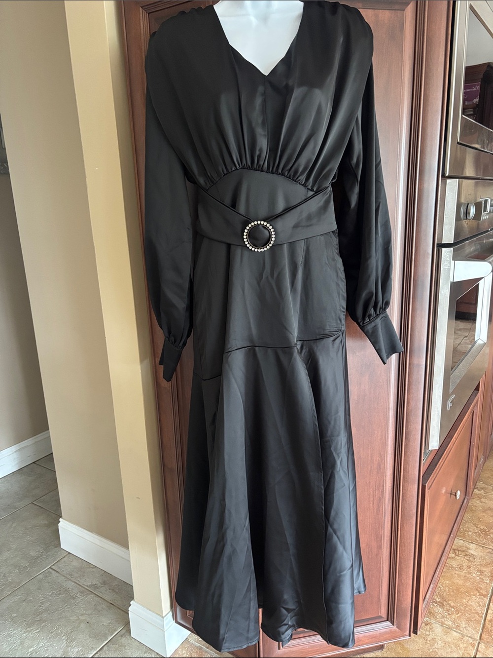 Beulah Black Satin Long-Sleeve V-Neck Maxi Dress with Rhinestone Buckle